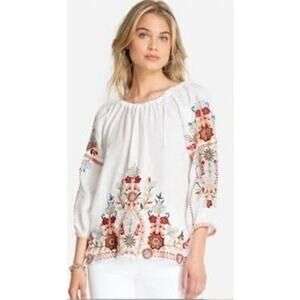 Johnny Was Los Angeles Linen Floral Embroidered Off/On Shoulder Blouse L